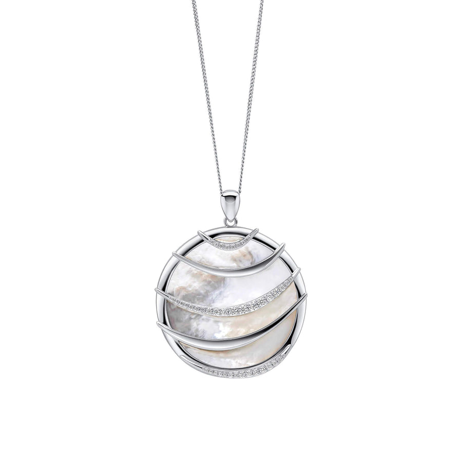 Fiorelli Sterling Silver Round Mother of Pearl Inlay & CZ Pendant