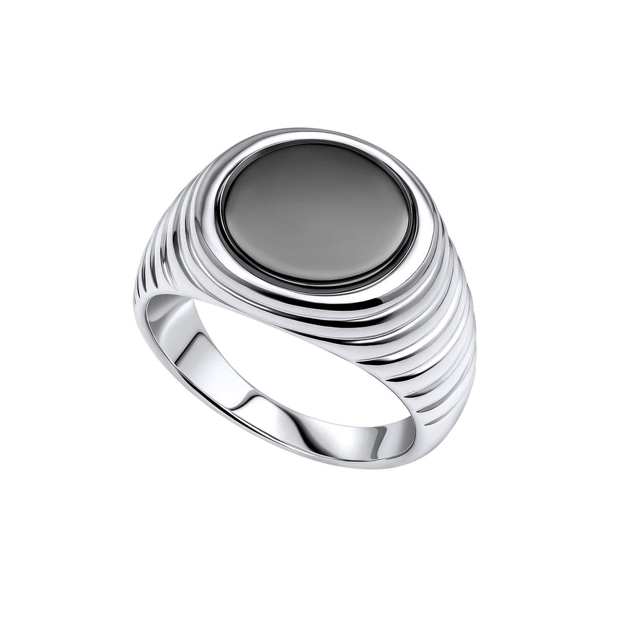 Sterling Silver Black Onyx Ridged Round Signet Ring