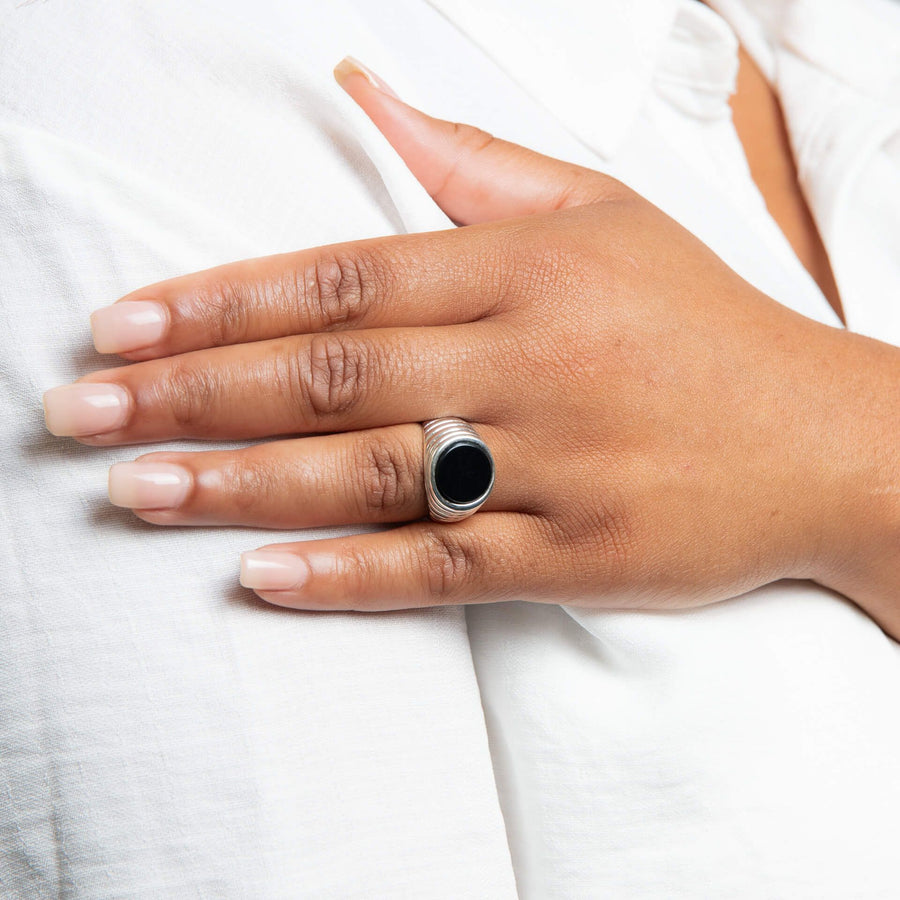 Sterling Silver Black Onyx Ridged Round Signet Ring