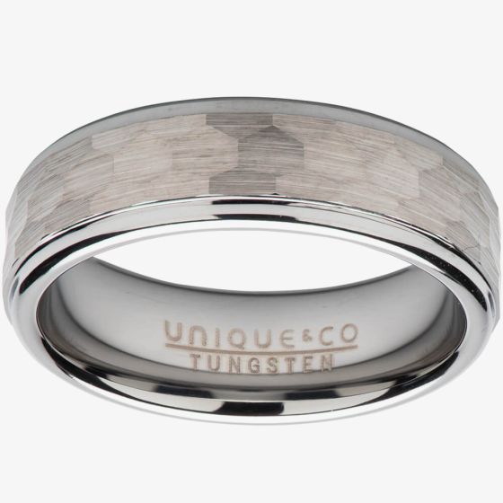 Unique Gents Tungsten 7mm Hammered Ring