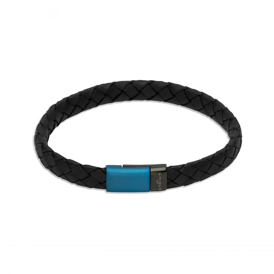 Unique Gents Matt Black Flat Leather Bracelet With Blue IP Clasp