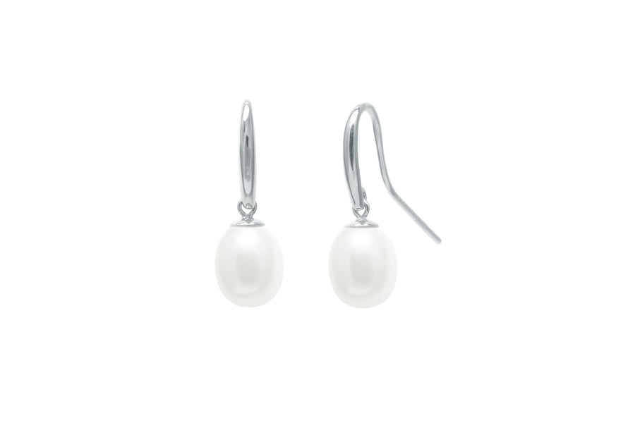 9ct White Gold White 7.5-8mm Teardrop Freshwater Pearl Drop Earrings