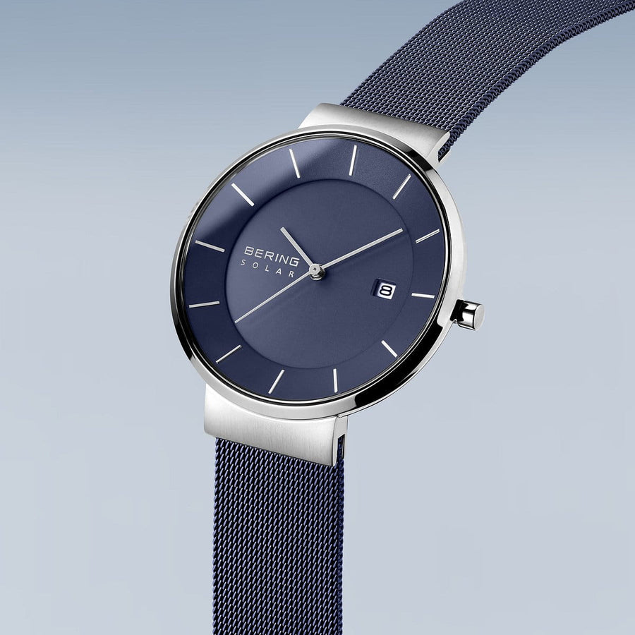 Bering Solar Blue Stainless Steel Mesh Watch with Blue Dial